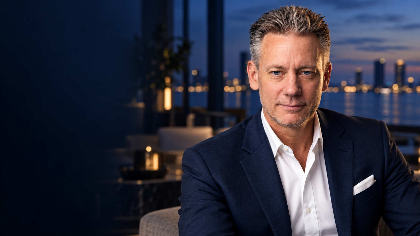 Cinematic visual concept of Benjamin Pietras in a dark navy suit, white open-collar shirt and white pocket square