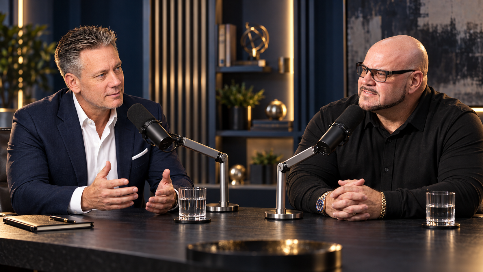Visual concept of Ben and Roy recording a conversation in a navy and gold podcast studio